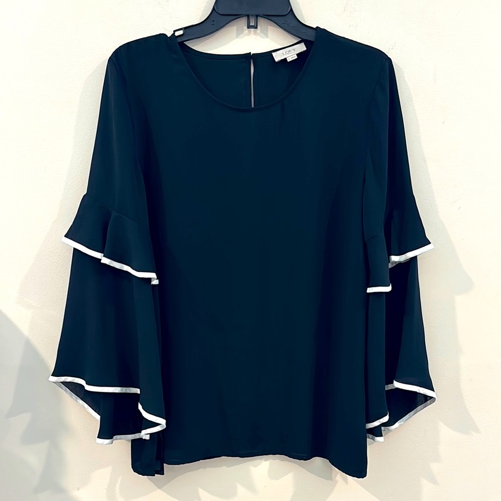 LOFT Black and‎ White Size M Ruffled Bell Sleeve Blouse
